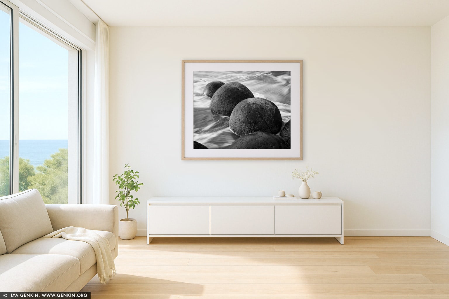 Moeraki Boulders wall art in a modern living room interior