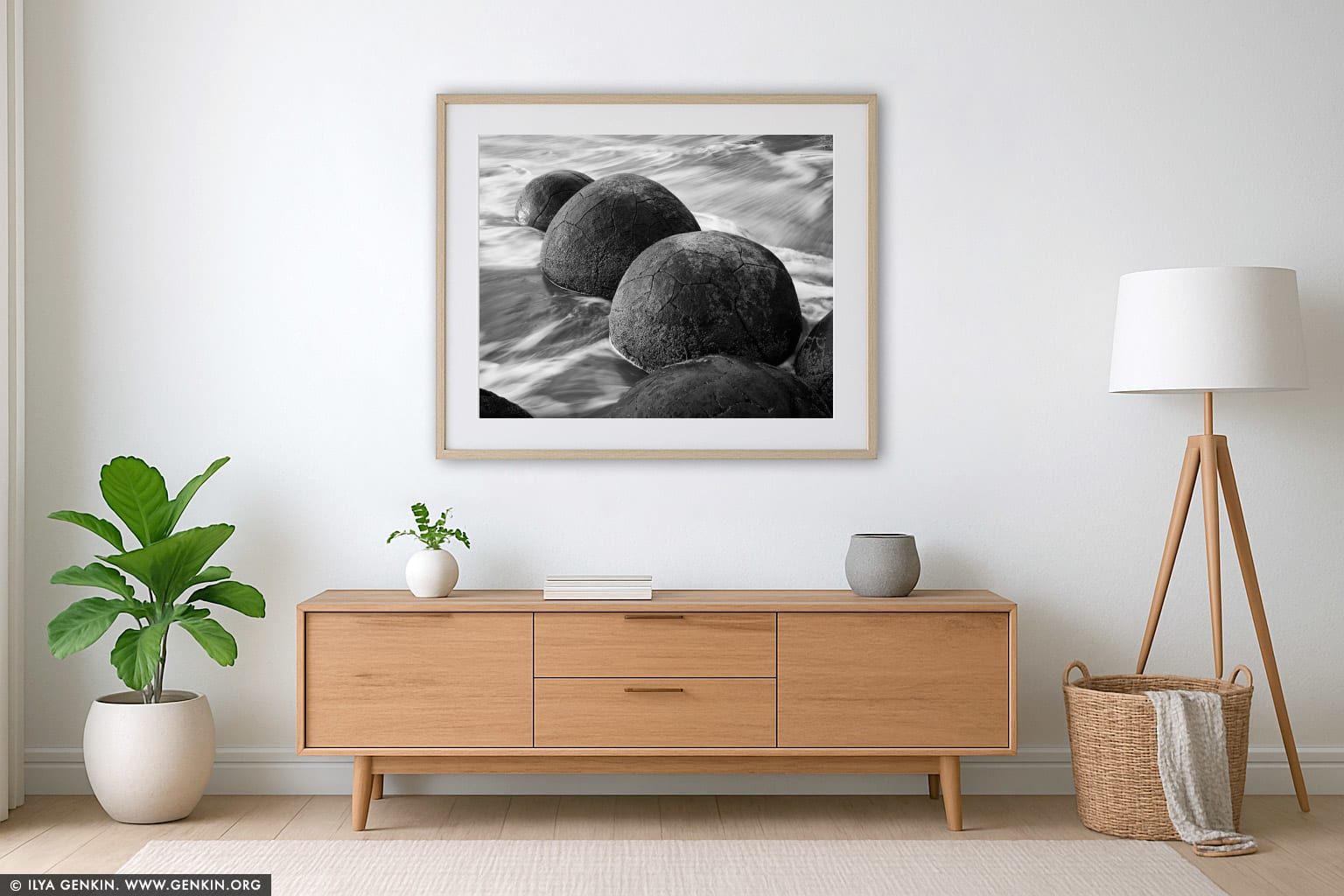 Moeraki Boulders wall art in a contemporary living room interior