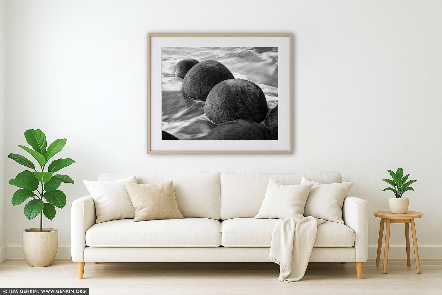 Moeraki Boulders wall art in a luxury living room interior