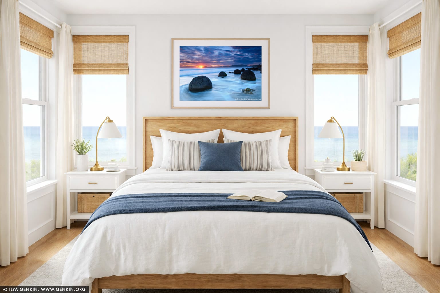Moeraki Boulders at Sunrise wall art in a bedroom interior