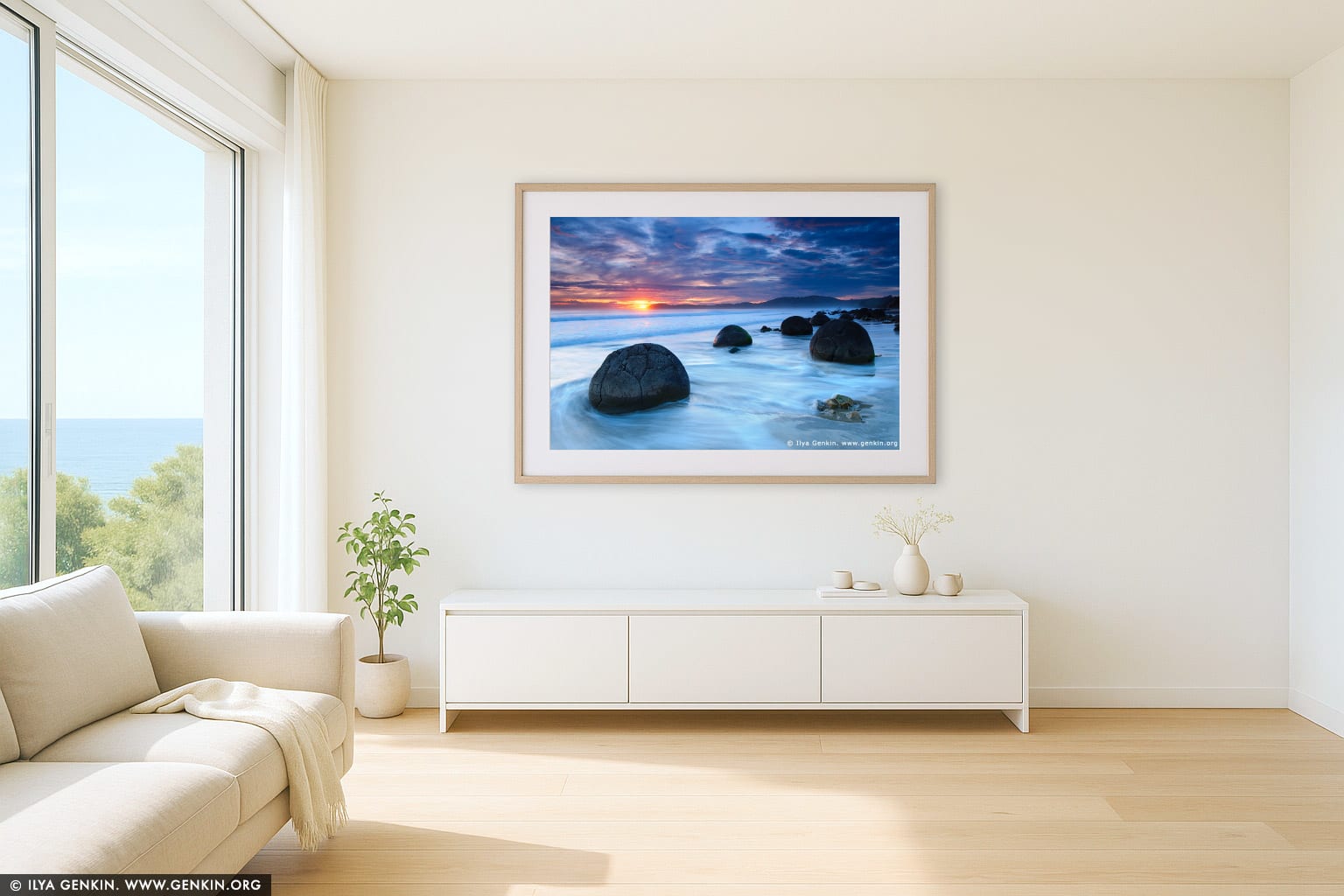 Moeraki Boulders at Sunrise wall art in a contemporary living room interior