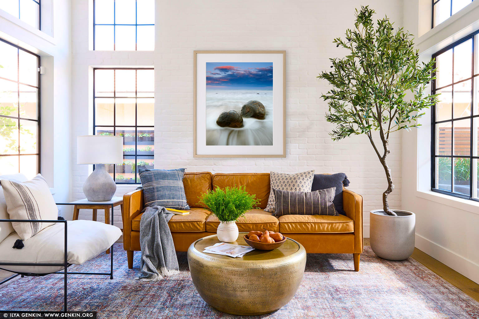 Moeraki Boulders at Sunset wall art in a contemporary living room interior