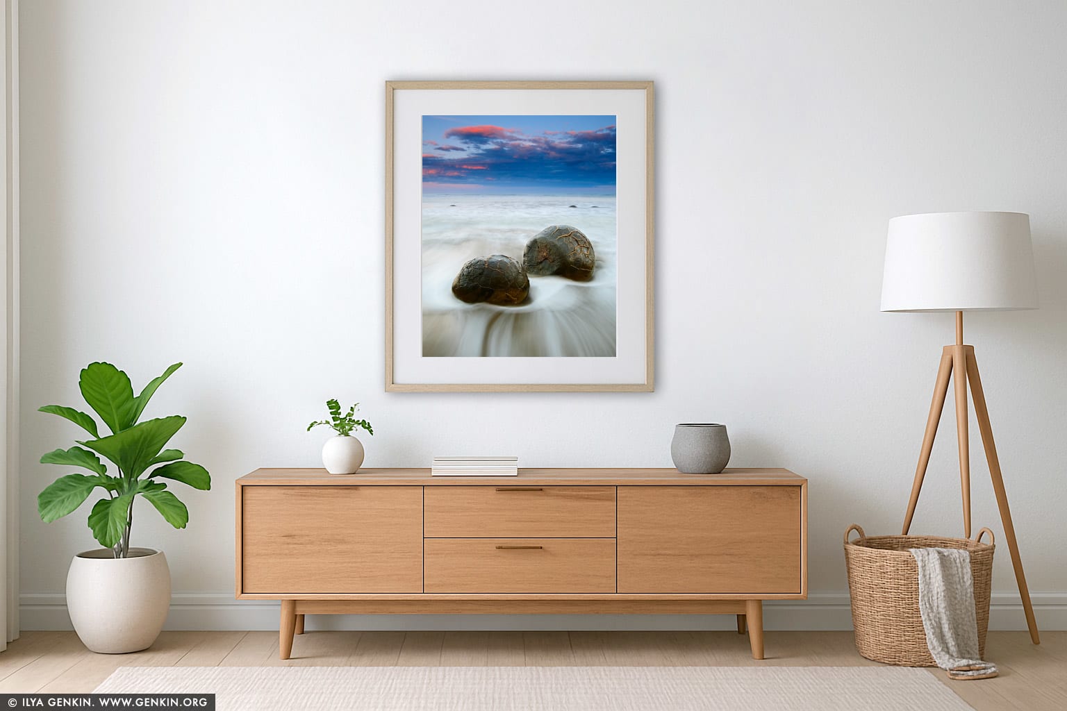 Moeraki Boulders at Sunset wall art in a minimalist living room interior