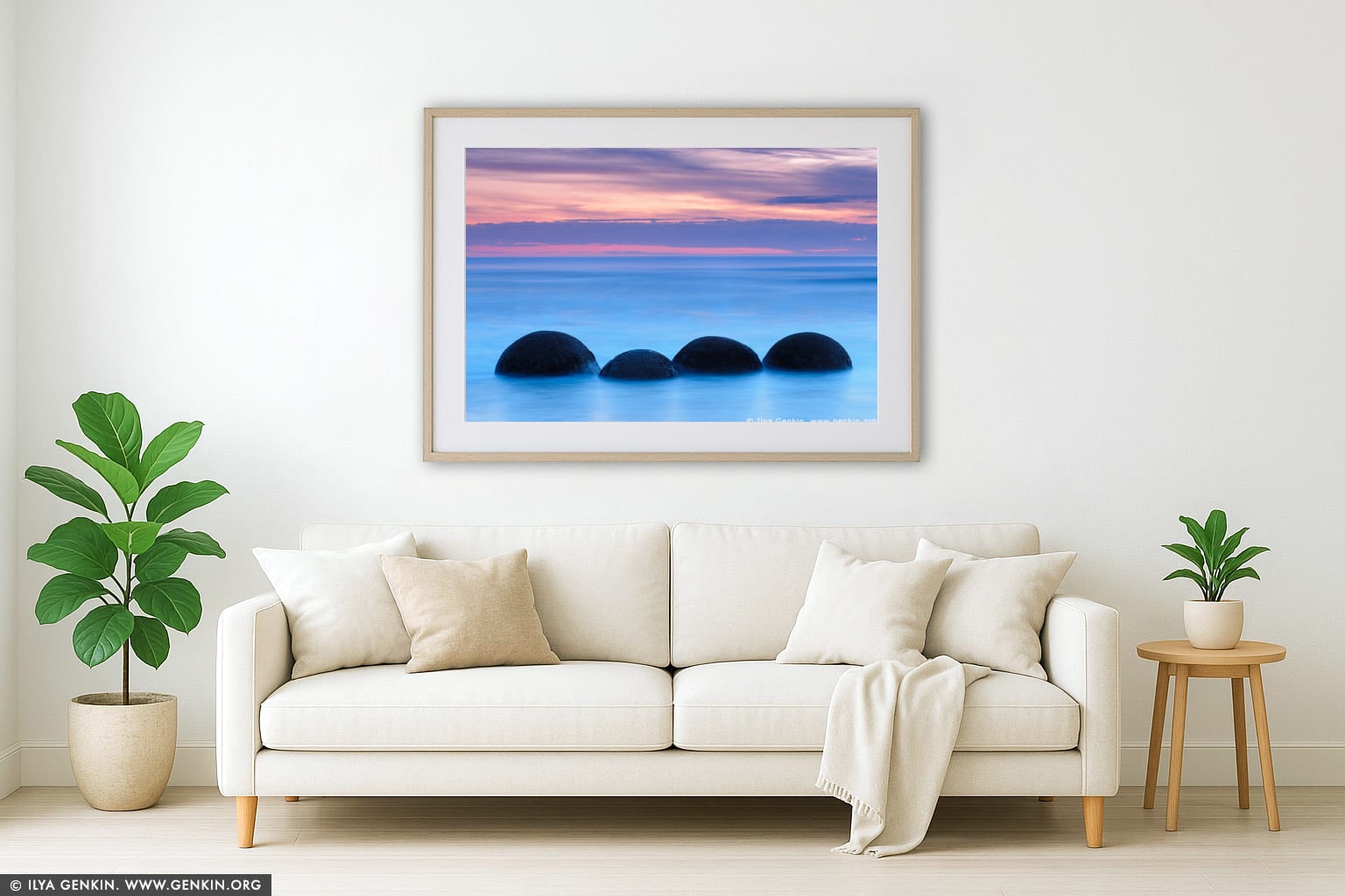 Moeraki Boulders at Dawn wall art in a contemporary living room interior