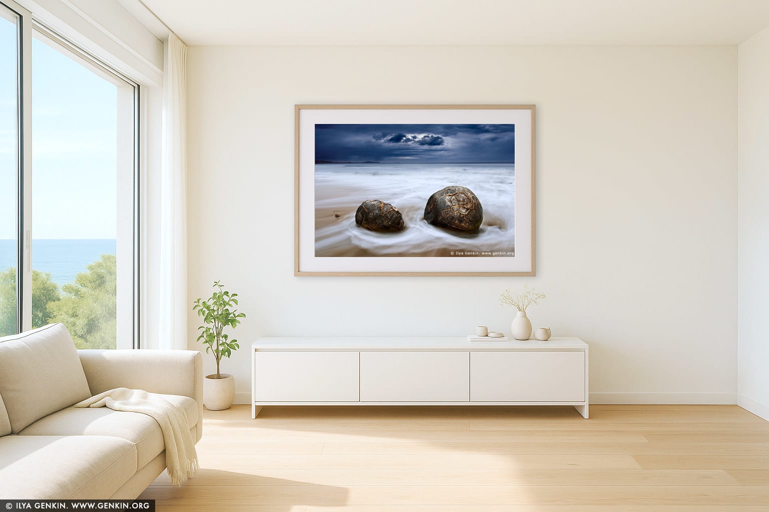 Storm at Moeraki Boulders wall art in a luxury living room interior
