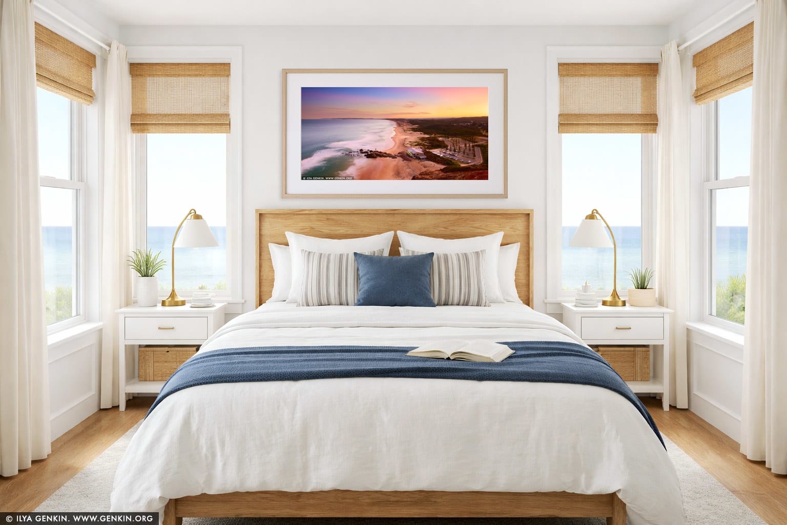 Redhead Beach at Sunset wall art in a bedroom interior