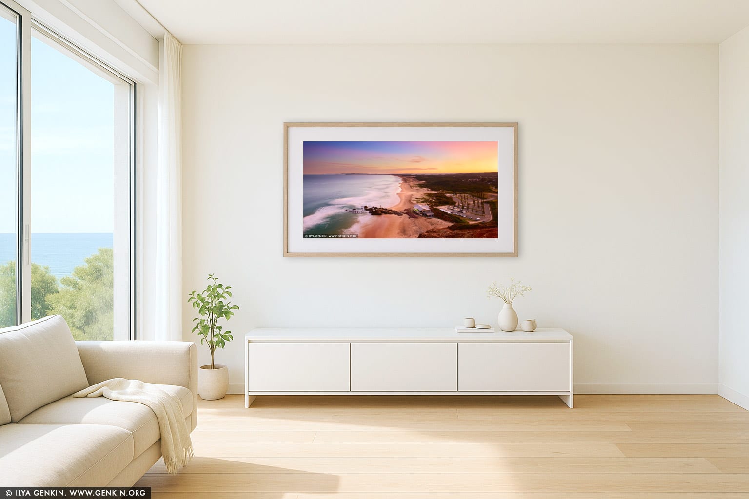 Redhead Beach at Sunset wall art in a contemporary living room interior