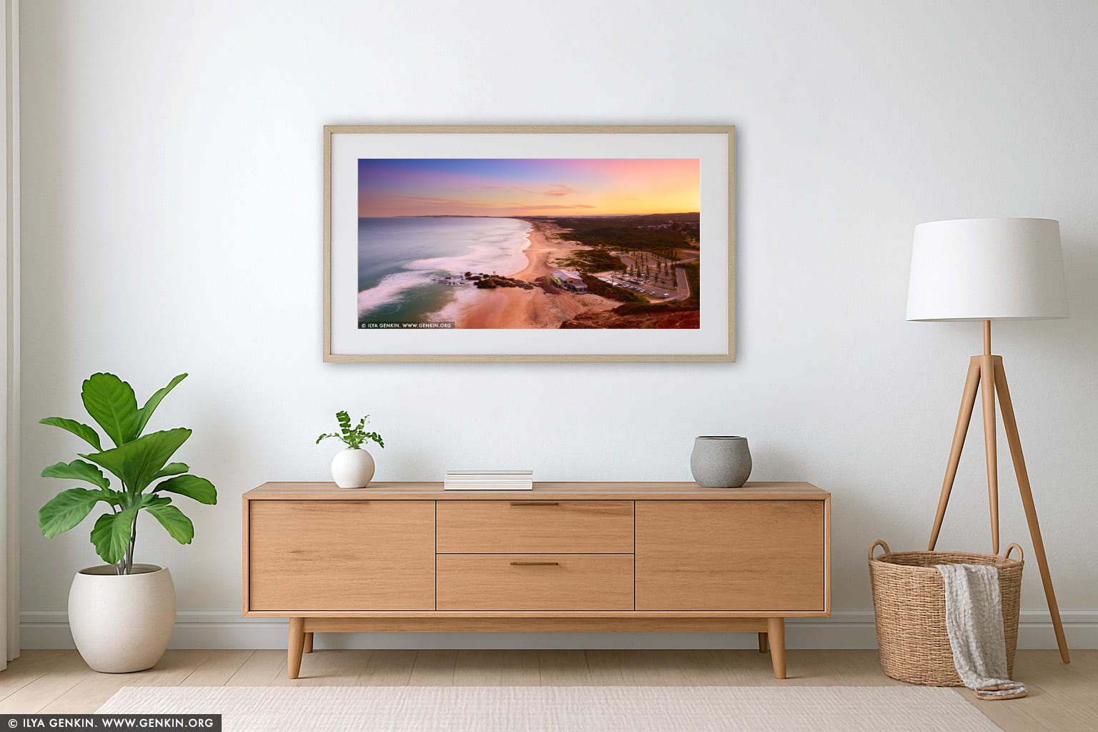 Redhead Beach at Sunset wall art in a minimalist living room interior
