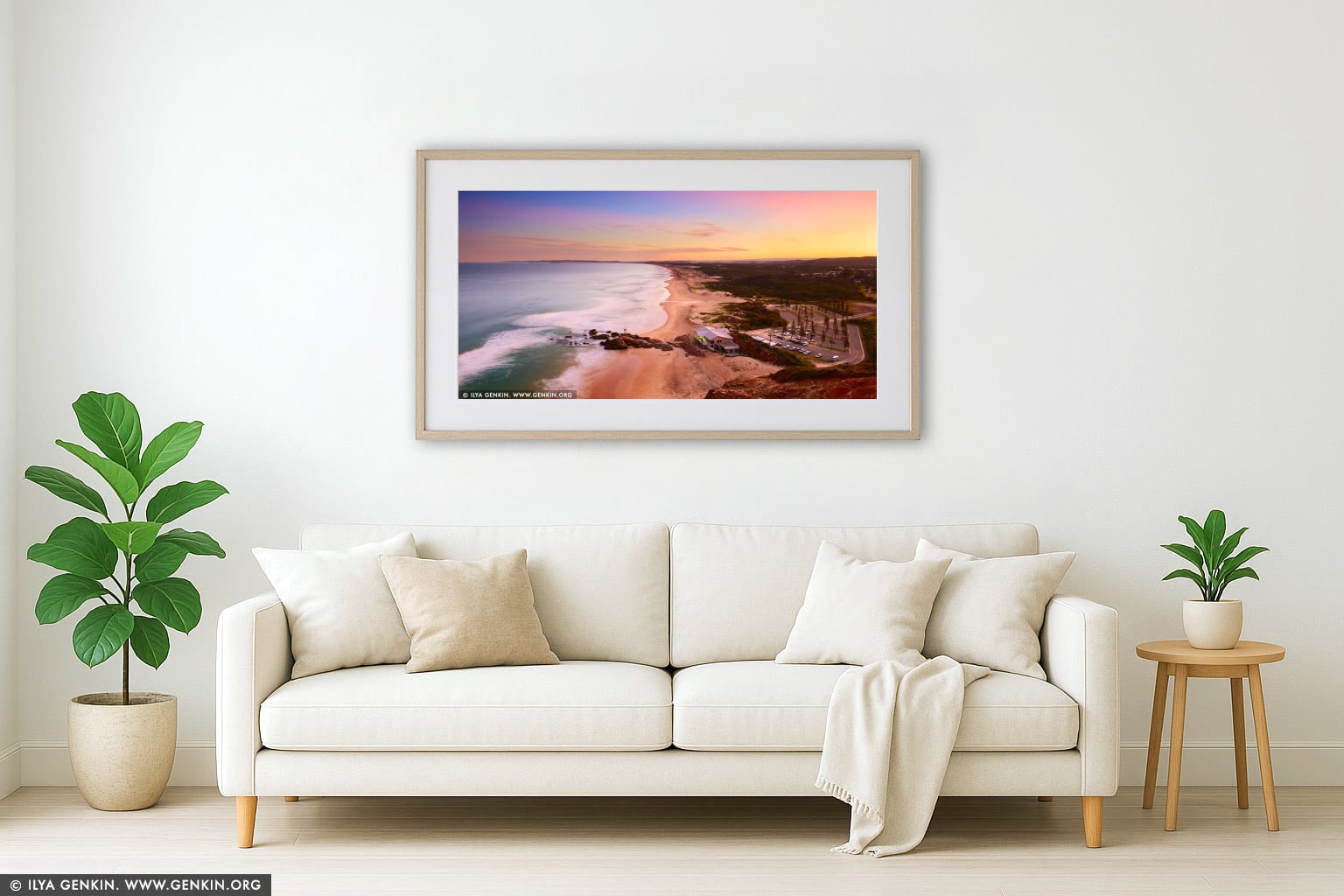 Redhead Beach at Sunset wall art in a modern living room interior