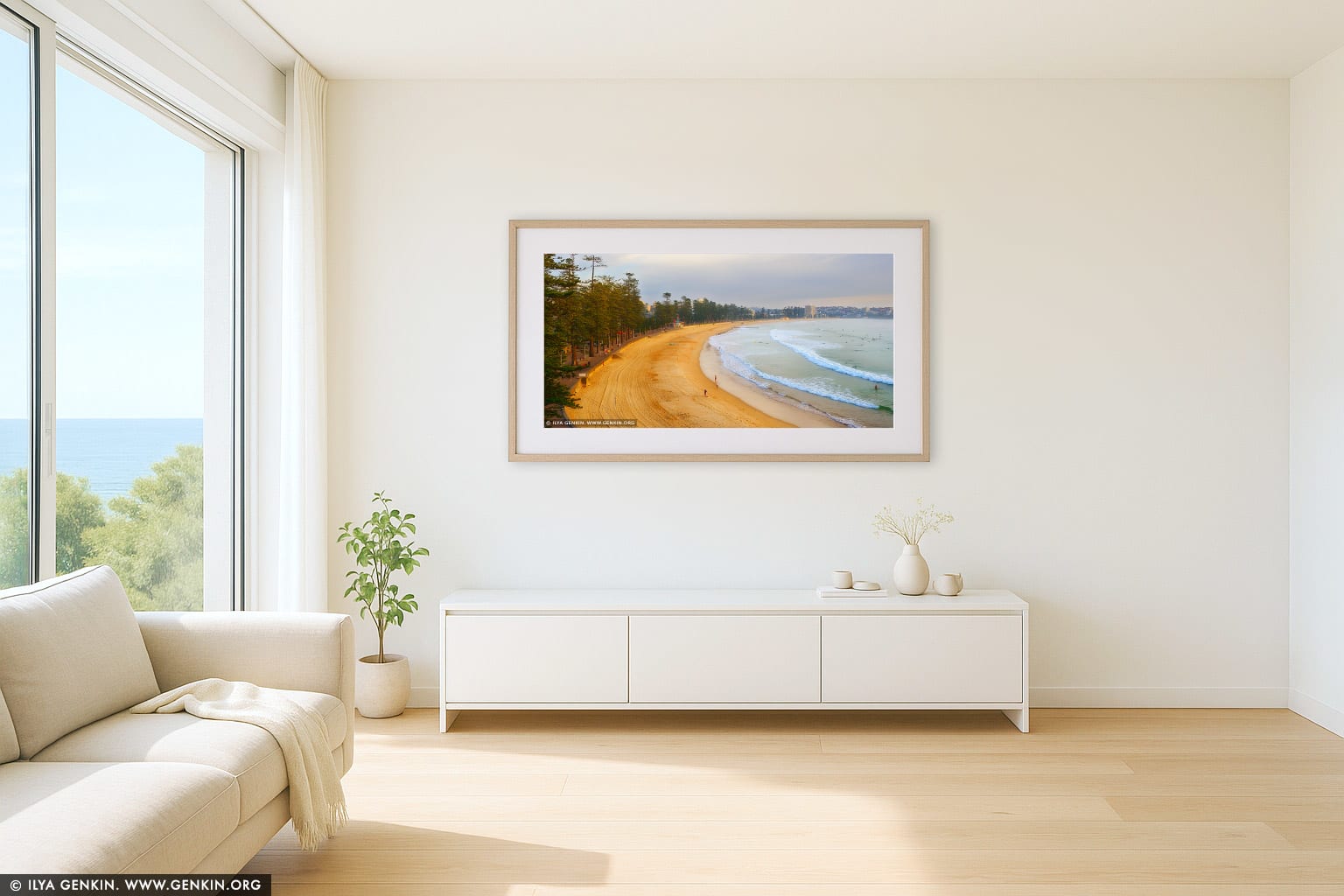 Manly Beach at Sunrise wall art in a contemporary living room interior