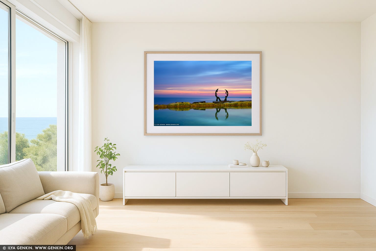 Manly's Fairy Bower (Cabbage Tree Bay) pool with sculpture at Sunrise wall art in a minimalist living room interior