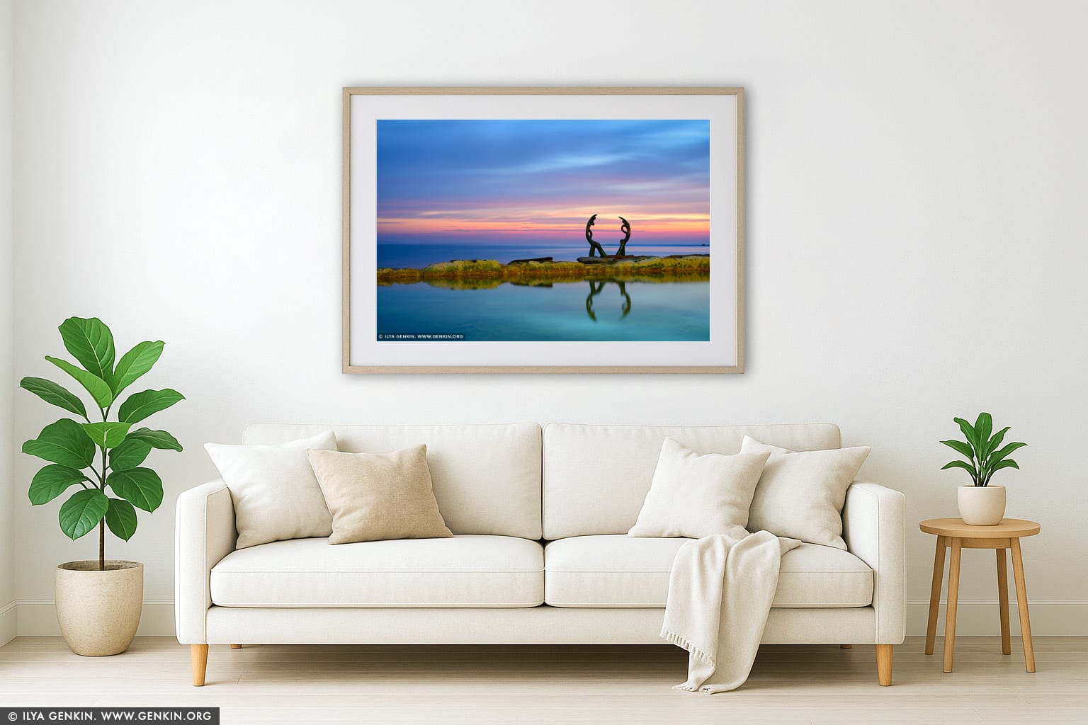 Manly's Fairy Bower (Cabbage Tree Bay) pool with sculpture at Sunrise wall art in a contemporary living room interior