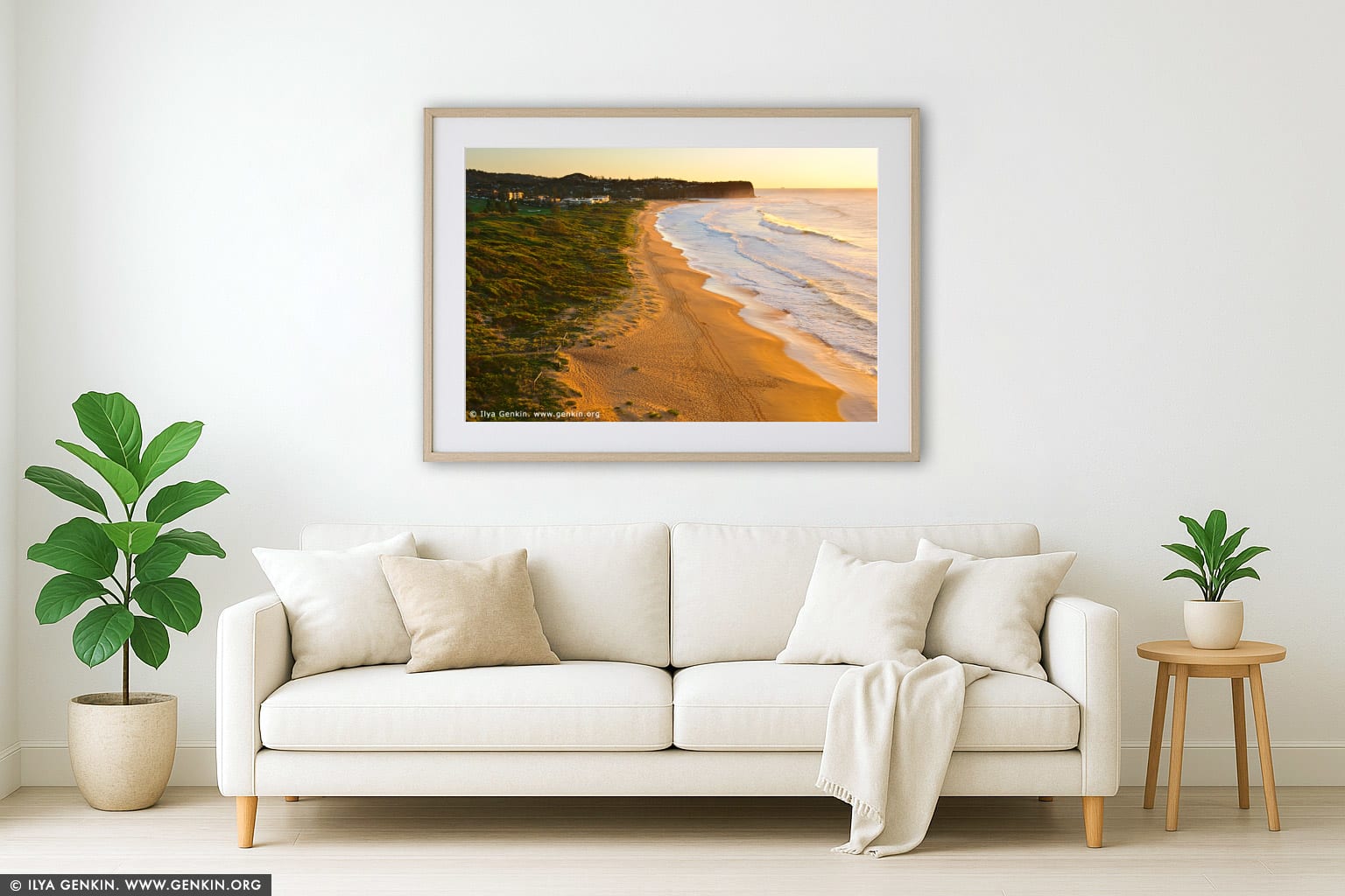 Golden Sunrise at Mona Vale Beach wall art in a modern living room interior