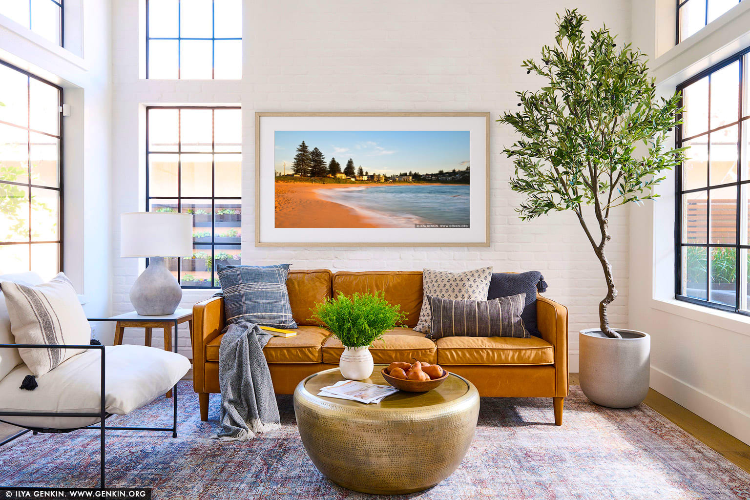 Mona Vale Beach at Sunrise wall art in a minimalist living room interior