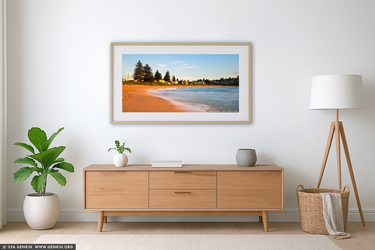 Mona Vale Beach at Sunrise wall art in a luxury living room interior