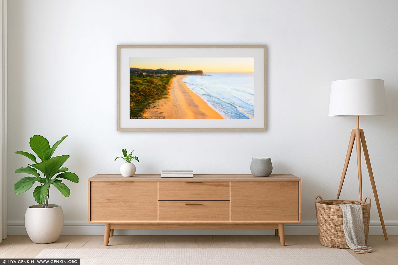 Golden Sunrise at Mona Vale Beach wall art in a modern living room interior
