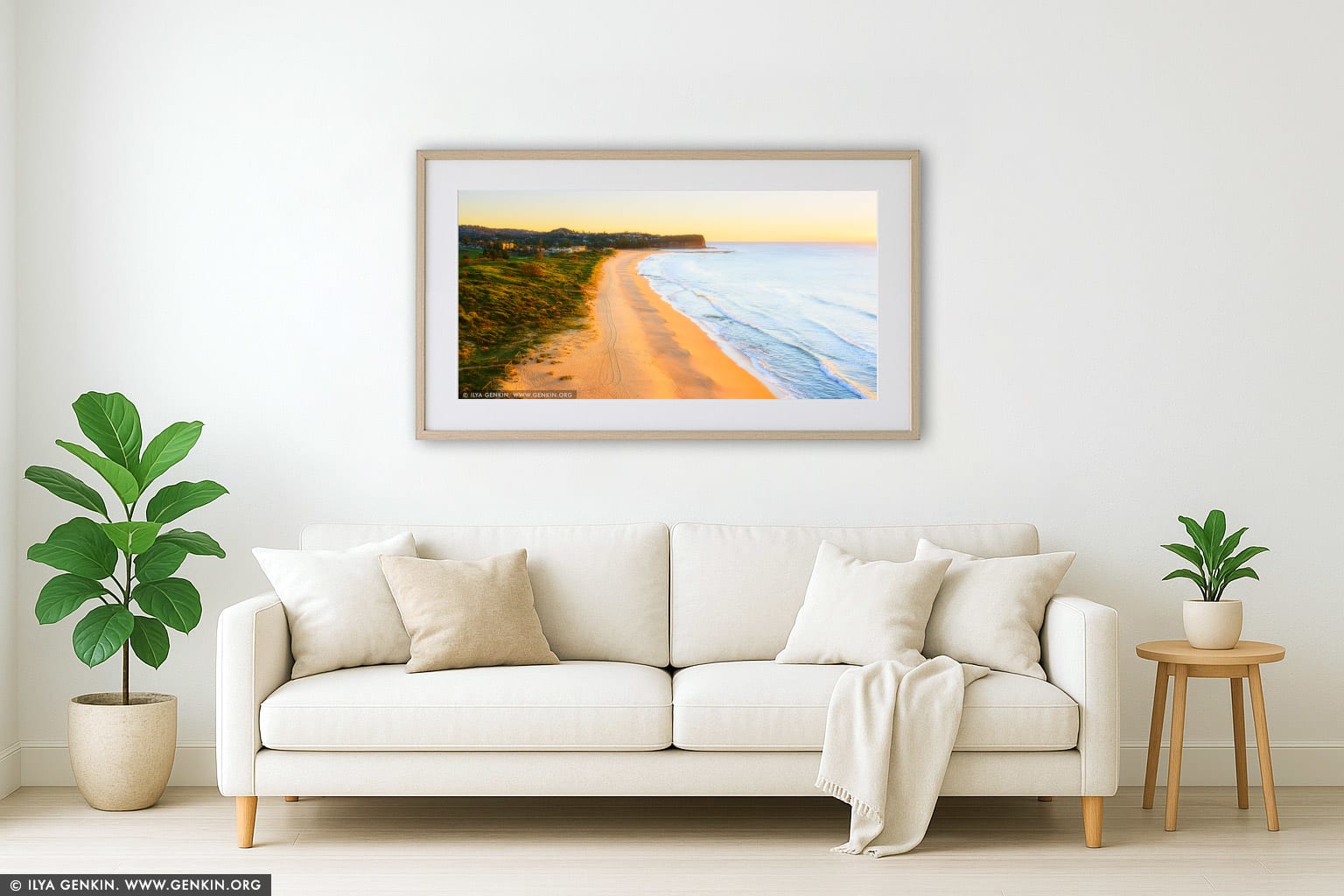 Golden Sunrise at Mona Vale Beach wall art in a minimalist living room interior