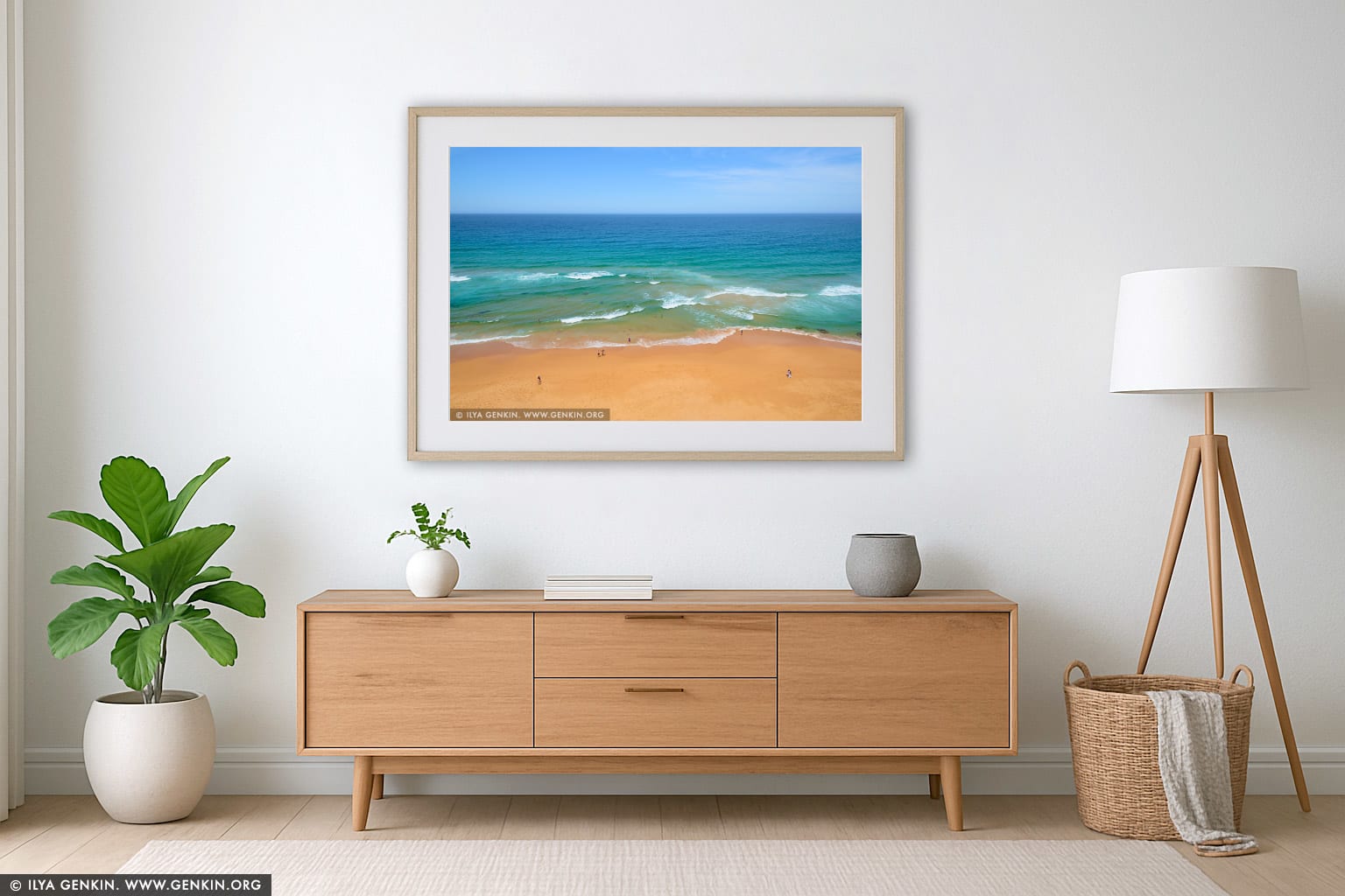 Mona Vale Beach and Pacific Ocean wall art in a contemporary living room interior