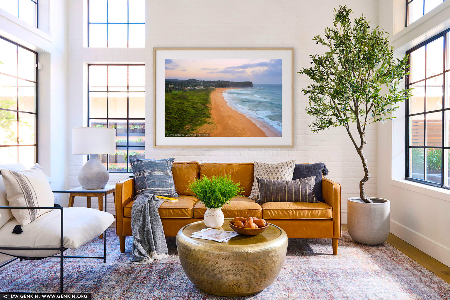 Mona Vale Beach at Dawn wall art in a minimalist living room interior