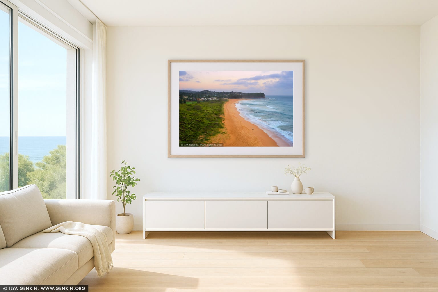 Mona Vale Beach at Dawn wall art in a minimalist living room interior