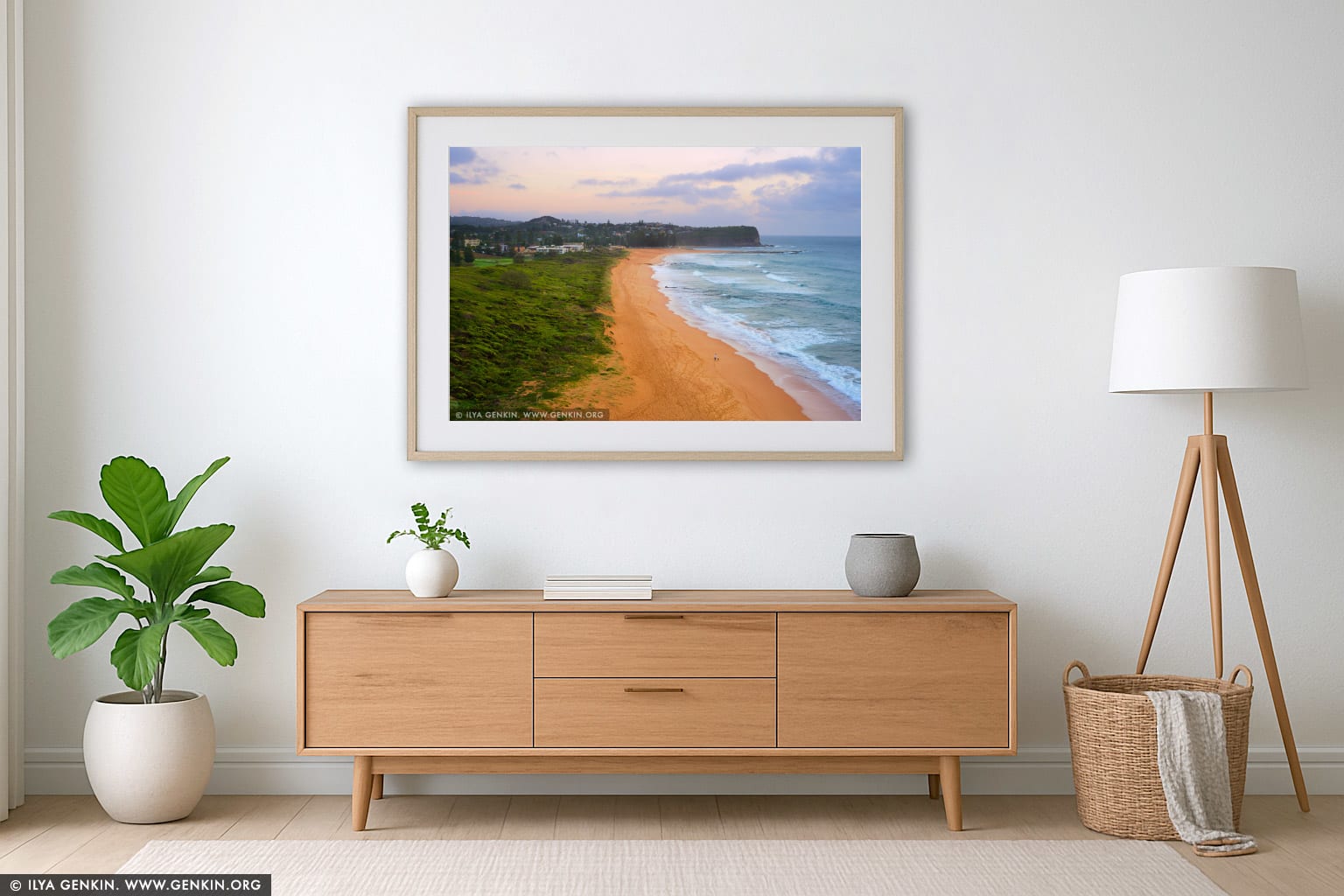 Mona Vale Beach at Dawn wall art in a luxury living room interior