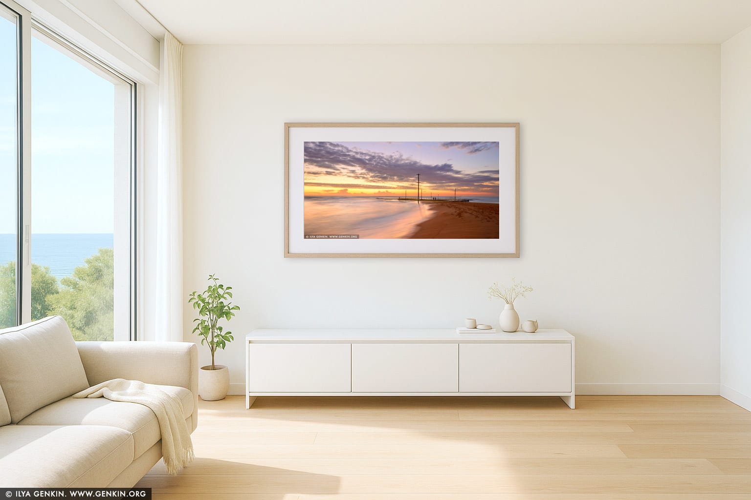 Mona Vale Beach Tidal Pool at Sunrise wall art in a luxury living room interior