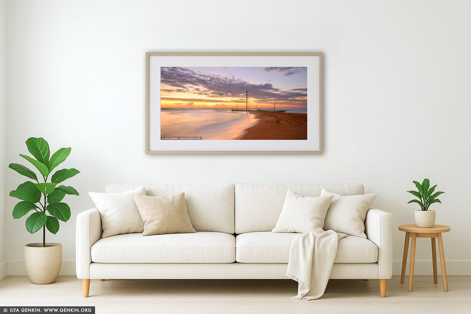 Mona Vale Beach Tidal Pool at Sunrise wall art in a minimalist living room interior