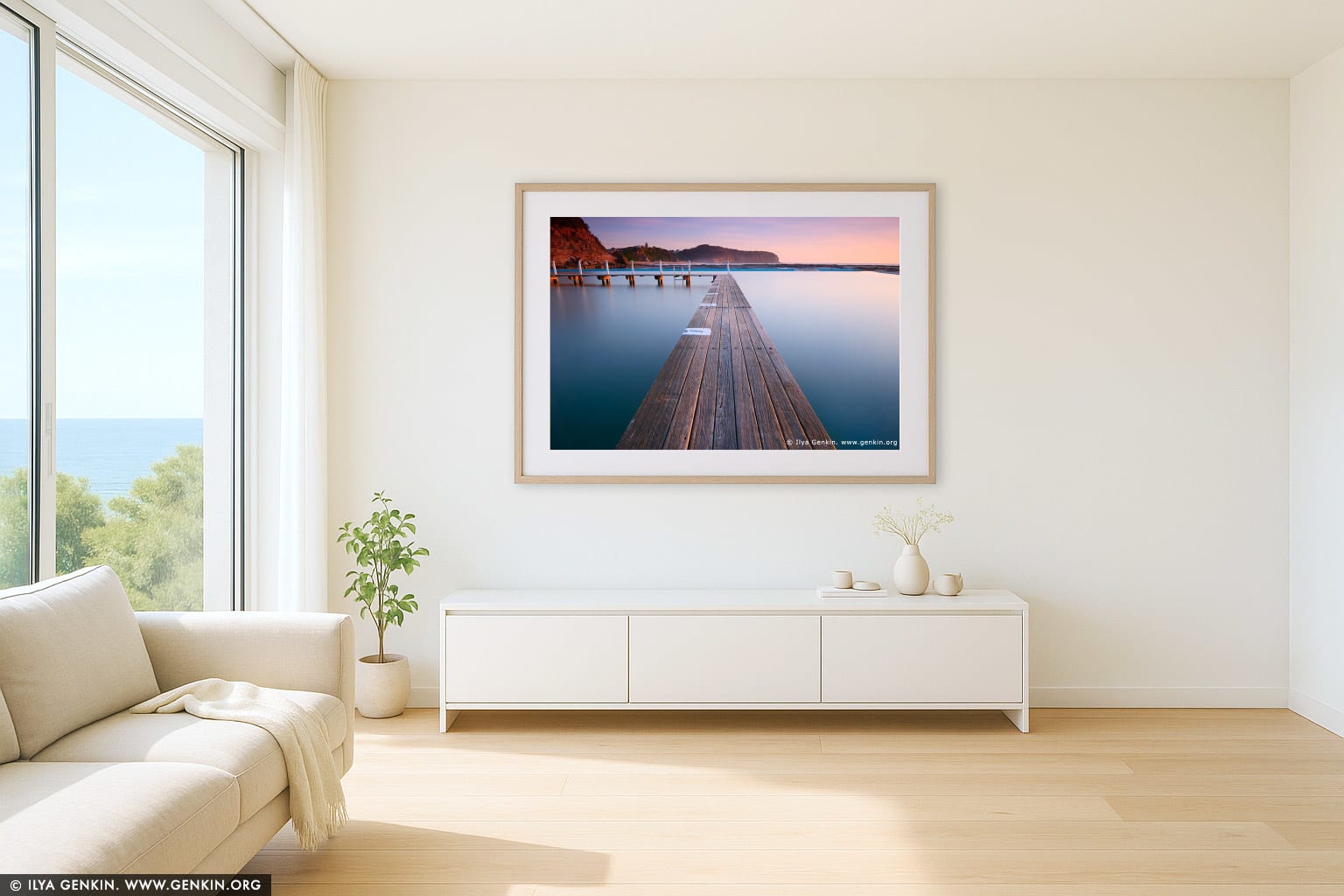 Early Morning at Narrabeen Tidal Pool wall art in a minimalist living room interior