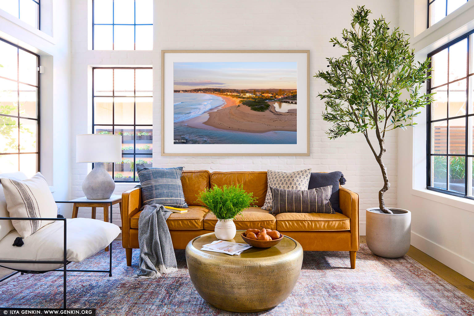 Sunrise Over Narrabeen Beach and Lagoon wall art in a minimalist living room interior