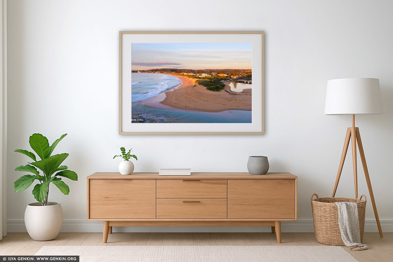Sunrise Over Narrabeen Beach and Lagoon wall art in a luxury living room interior