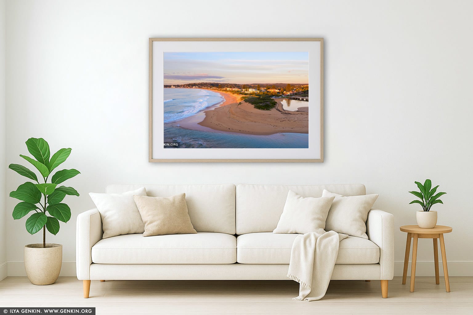 Sunrise Over Narrabeen Beach and Lagoon wall art in a contemporary living room interior