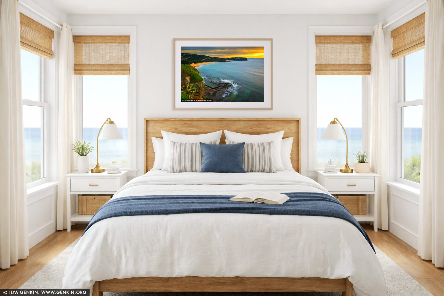 Vivid Sunrise at Newport Beach wall art in a bedroom interior
