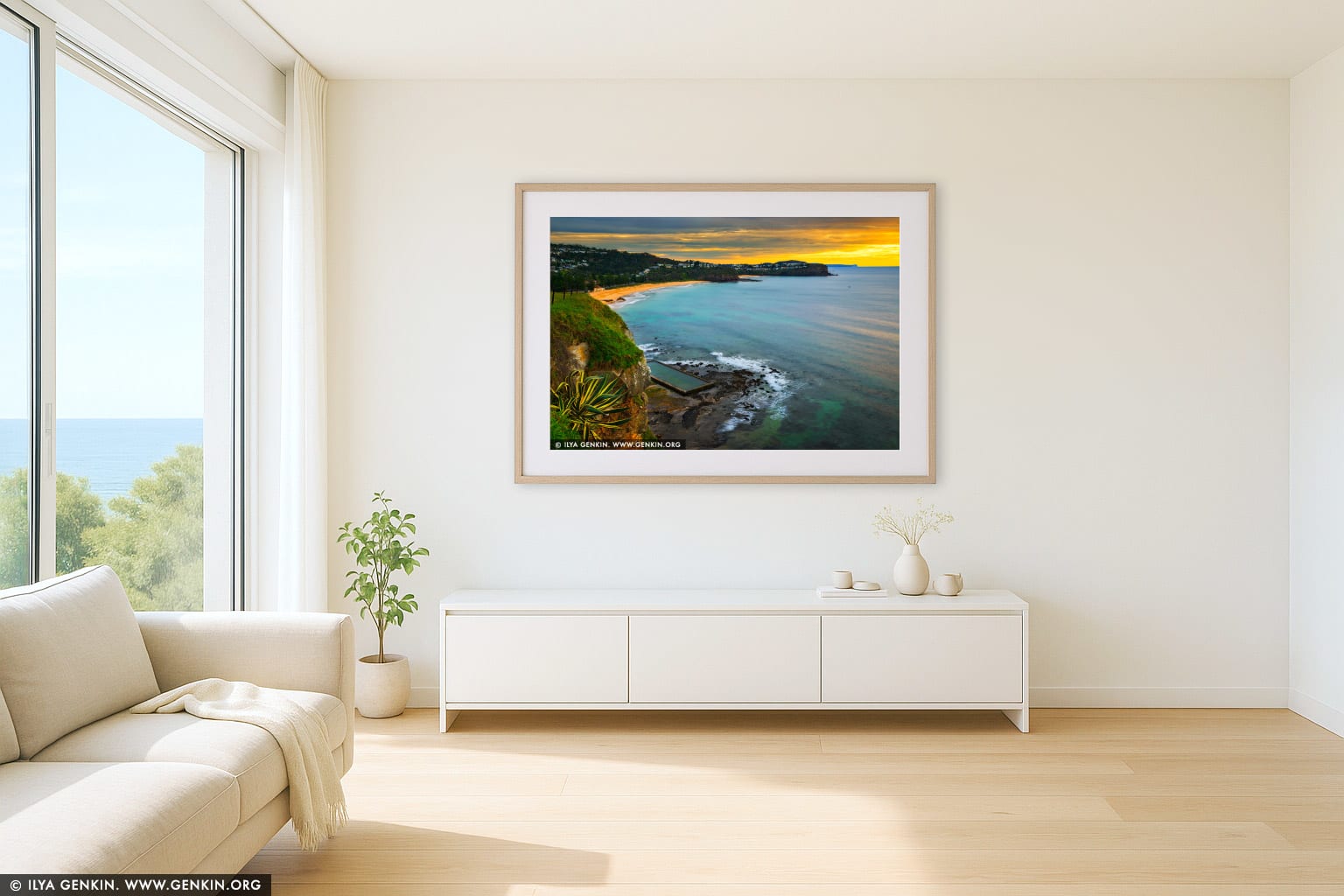 Vivid Sunrise at Newport Beach wall art in a minimalist living room interior