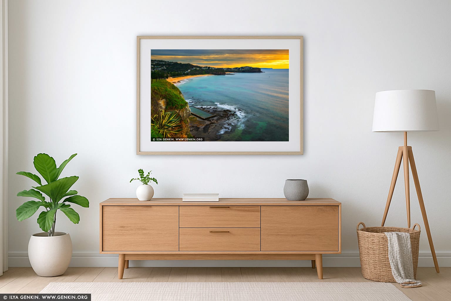 Vivid Sunrise at Newport Beach wall art in a luxury living room interior