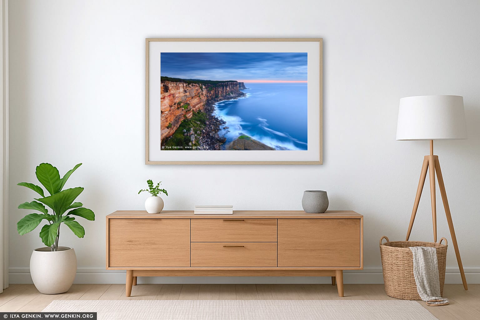 North Head at Dawn wall art in a minimalist living room interior