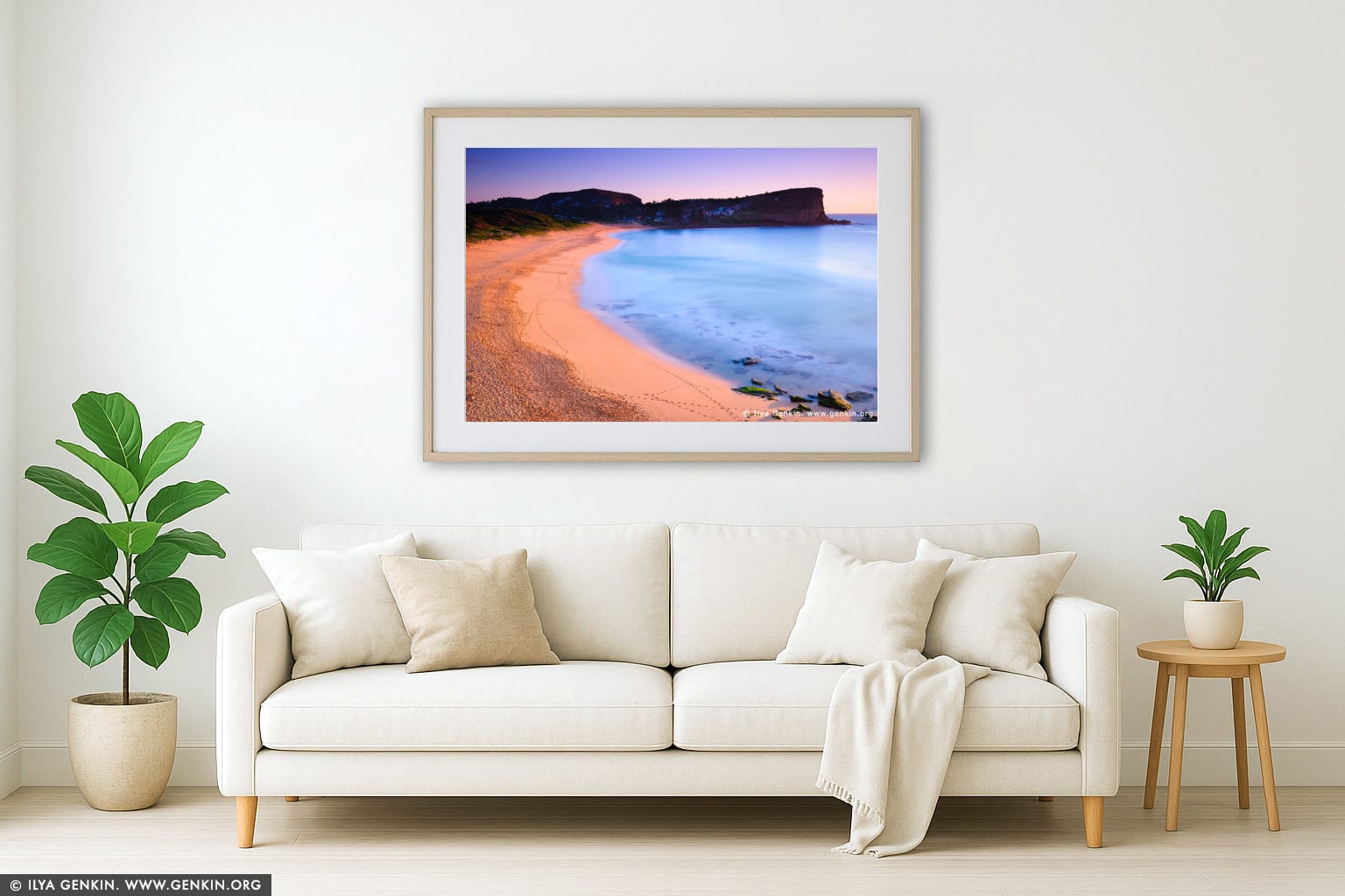 Early Morning at Avalon Beach wall art in a modern living room interior