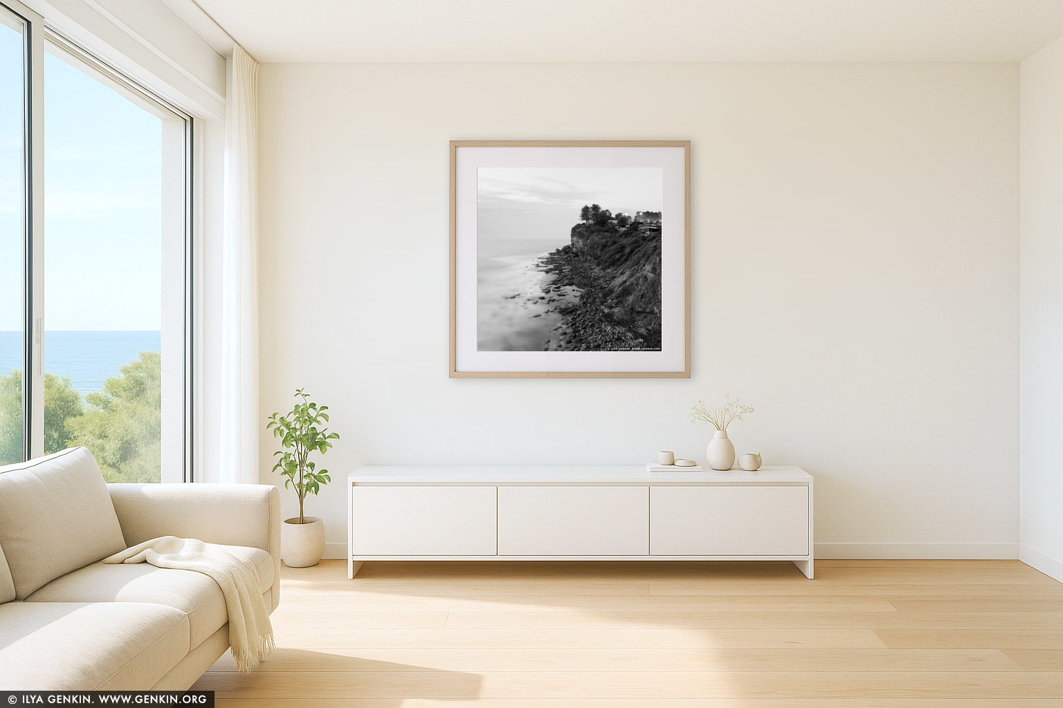 Rocky Shore Near Avalon Beach at Dusk wall art in a contemporary living room interior