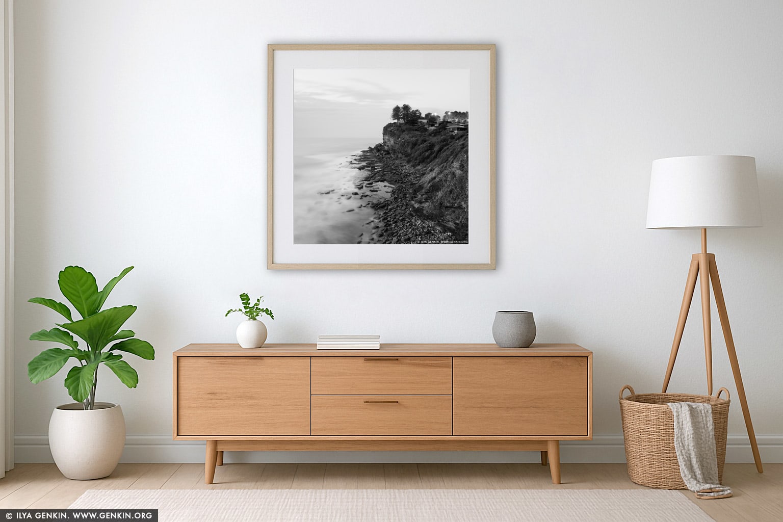 Rocky Shore Near Avalon Beach at Dusk wall art in a minimalist living room interior