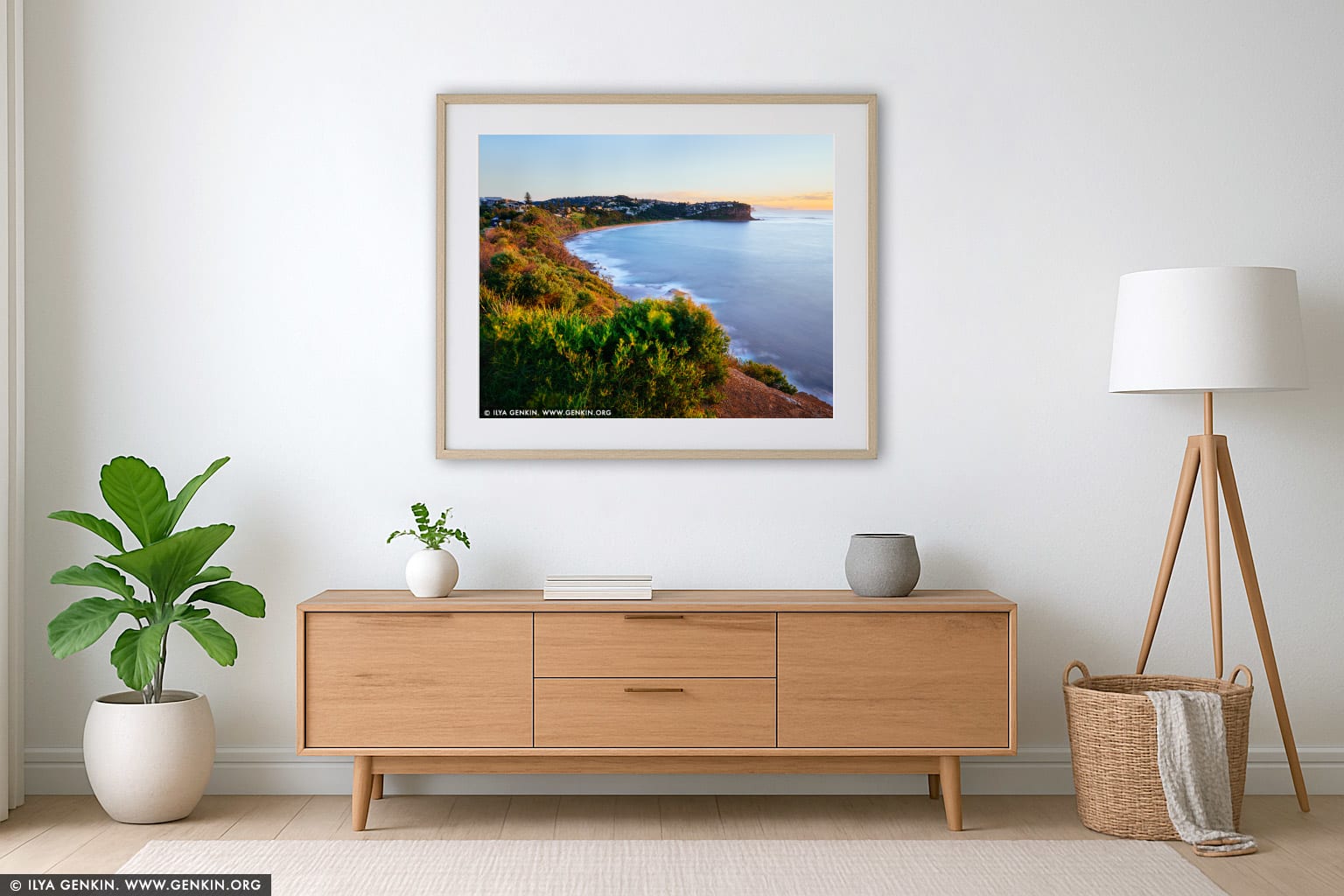 Bungan Beach at Sunrise wall art in a minimalist living room interior