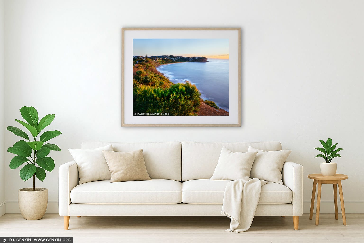 Bungan Beach at Sunrise wall art in a modern living room interior