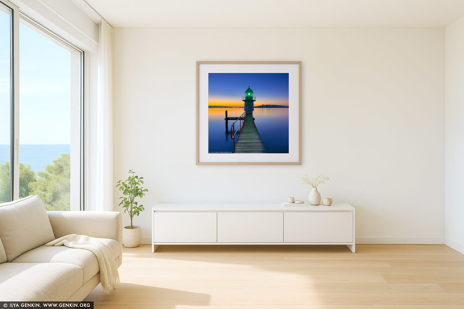 Bradleys Head Lighthouse at Sunrise wall art in a contemporary living room interior