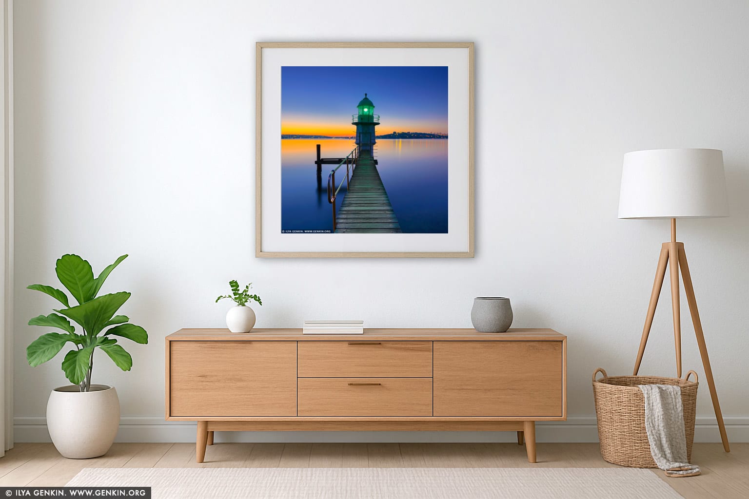 Bradleys Head Lighthouse at Sunrise wall art in a minimalist living room interior