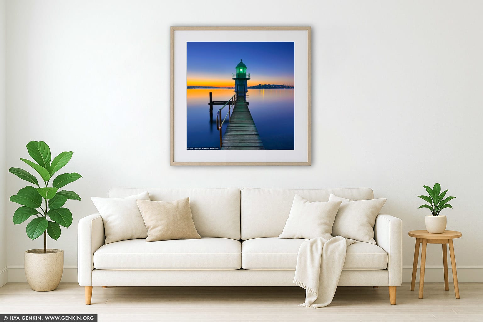 Bradleys Head Lighthouse at Sunrise wall art in a modern living room interior