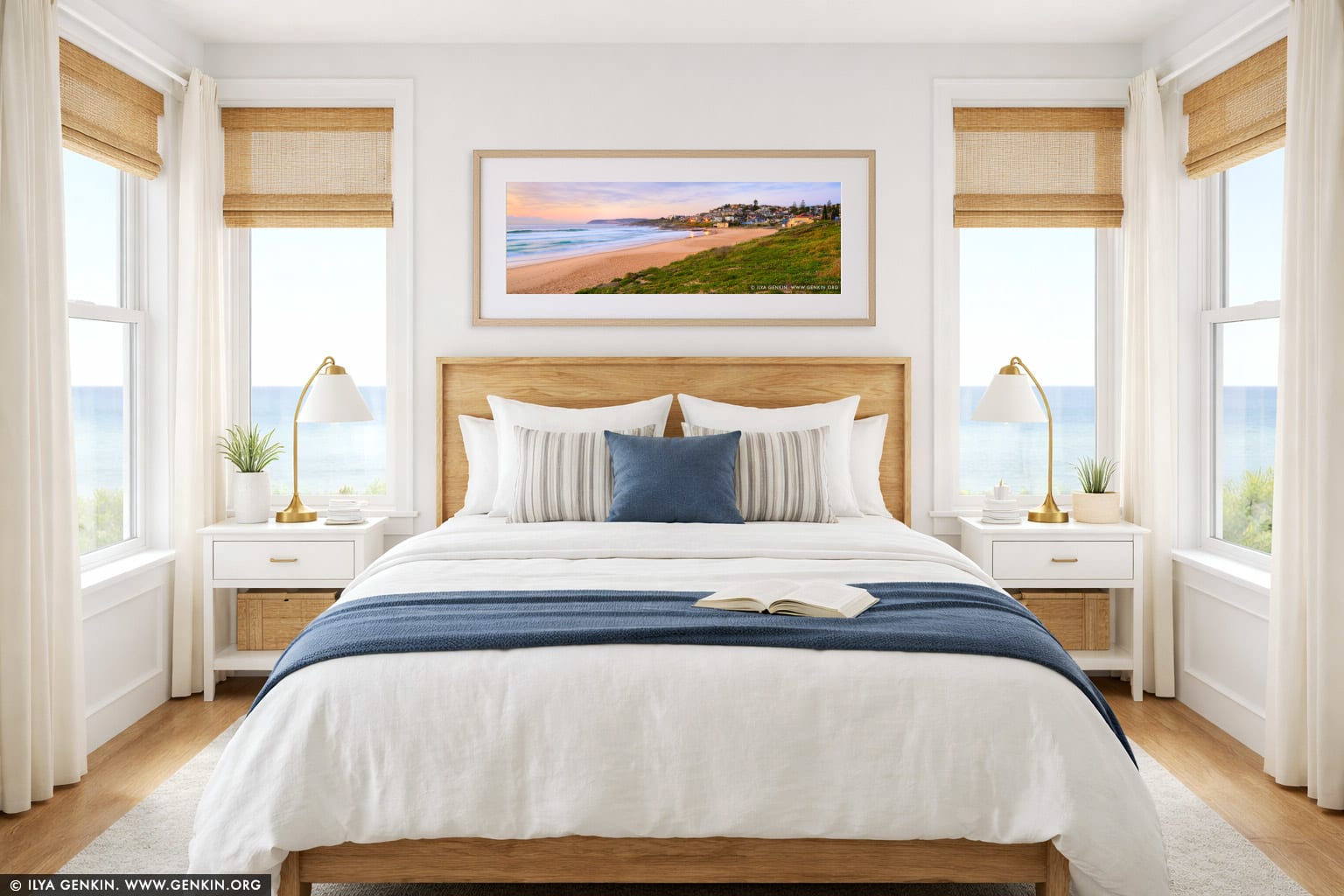 Sunrise at South Curl Curl Beach wall art in a bedroom interior