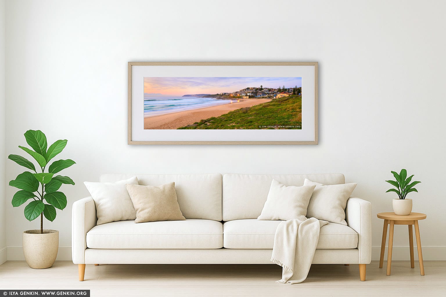 Sunrise at South Curl Curl Beach wall art in a modern living room interior
