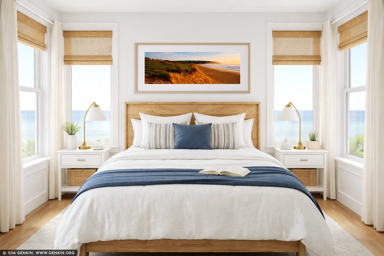 Curl Curl Beach at Sunrise wall art in a bedroom interior