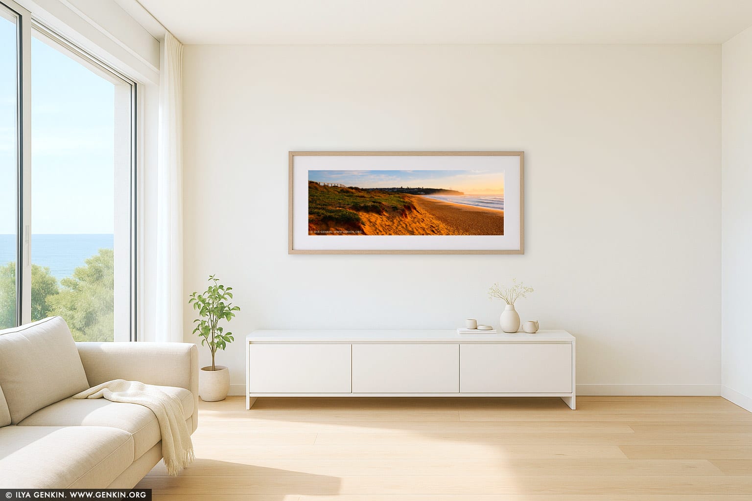 Curl Curl Beach at Sunrise wall art in a luxury living room interior