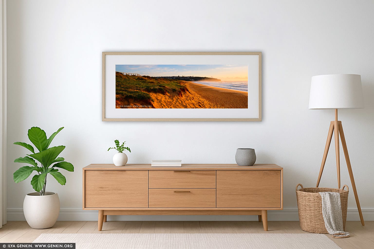 Curl Curl Beach at Sunrise wall art in a modern living room interior