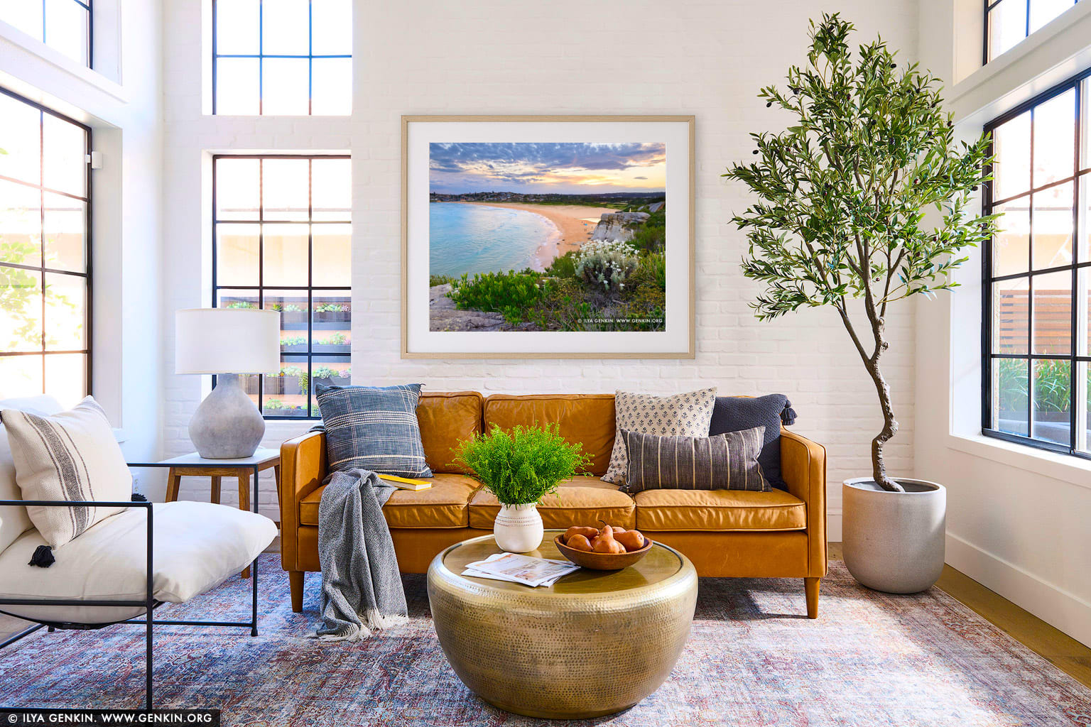 Sunset at North Curl Curl Beach wall art in a modern living room interior