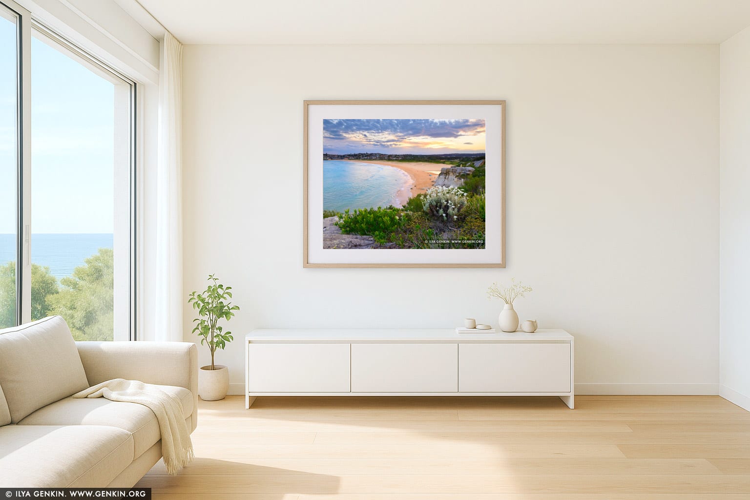 Sunset at North Curl Curl Beach wall art in a modern living room interior